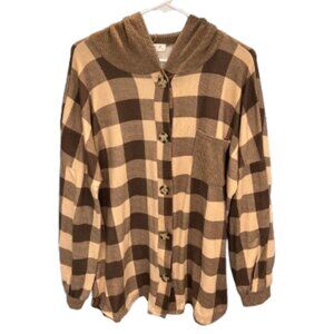 🧥 Miss U - Brown Plaid Button Down Hooded Cardigan Sweater - Size M